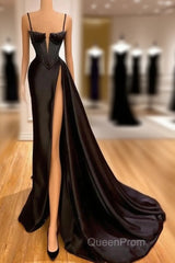 Trumpet Mermaid Black Satin Spaghetti Straps With Slit