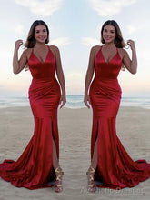 Trumpet/Mermaid Halter Sweep Train Silk like Satin Prom Dresses With Leg Slit
