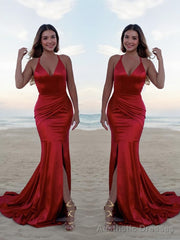 Trumpet/Mermaid Halter Sweep Train Silk like Satin Prom Dresses With Leg Slit