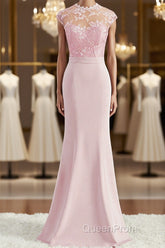 Trumpet/Mermaid High Neck Floor-Length Stretch Crepe Bridesmaid Dresses with Appliques Lace
