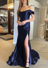 Trumpet/Mermaid Off-the-Shoulder Regular Straps Court Train Silk like Satin Prom Dresses With Pleated Split