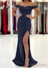 Trumpet/Mermaid Off-the-Shoulder Short Sleeve Long/Floor-Length Satin Prom Dresses With Pleated Split