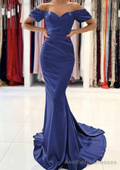 Trumpet/Mermaid Off-the-Shoulder Short Sleeve Satin Sweep Train Prom Dresses With Pleated