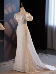 Trumpet Mermaid Puffy Sleeves Wedding Dresses With Detachable Train