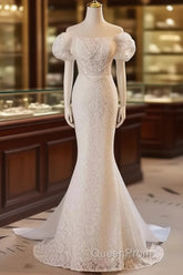 Trumpet Mermaid Puffy Sleeves Wedding Dresses With Detachable Train