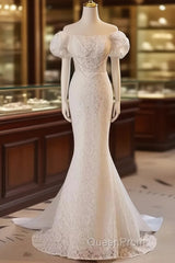 Trumpet Mermaid Puffy Sleeves Wedding Dresses With Detachable Train