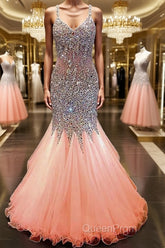 Trumpet/Mermaid V-neck Floor-Length Tulle Evening Prom Dresses With Rhinestone