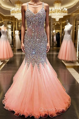 Trumpet/Mermaid V-neck Floor-Length Tulle Evening Prom Dresses With Rhinestone