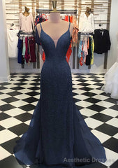 Trumpet/Mermaid V Neck Sleeveless Court Train Lace Tulle Prom Dresses