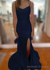 Trumpet/Mermaid V Neck Sleeveless Sweep Train Jersey Prom Dresses With Split Pleated