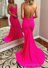 Trumpet/Mermaid V Neck Spaghetti Straps Court Train Jersey Prom Dresses With Pleated