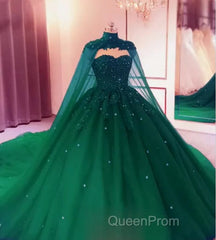 Tulle Ball Gown Emerald Green Quinceanera Dresses Crystals With Cape Free