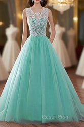 Tulle Buttons Lace Long Green Round Neck Evening Prom Dresses