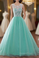Tulle Buttons Lace Long Green Round Neck Evening Prom Dresses