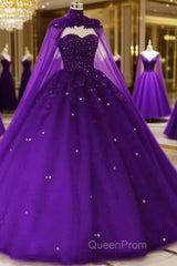 Tulle Dark Purple Quince Dresses Ball Gown Wedding Dresses With Cape