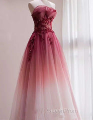 Tulle Gradient with Beaded Long Party Dresses, A-line Gradient Evening Prom Dresses