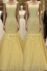 Tulle Lace Appliques Mermaid Evening Prom Dresses Spaghetti Straps