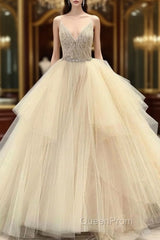 Tulle Lace Beading V-Neck Spaghetti Straps Sleeveless Floor-Length Ball Gown Evening Prom Dresses Wedding Dresses