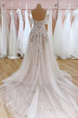 Tulle Lace Wedding Dresses Off The Shoulder A-Line Bridal Dresses With Sweep Train Elegant