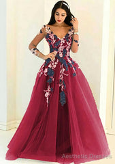 Tulle Long/Floor-Length A-Line/Princess Full/Long Sleeve V-Neck Zipper Evening Dresses With Appliqued