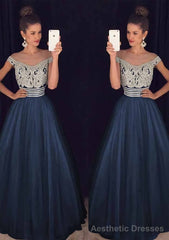 Tulle Long/Floor-Length A-Line/Princess Sleeveless Bateau Zipper Prom Dresses With Beaded
