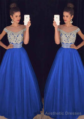 Tulle Long/Floor-Length A-Line/Princess Sleeveless Bateau Zipper Prom Dresses With Beaded