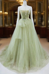 Tulle Long Evening Prom Dresses A-Line Green Long Evening Dresses