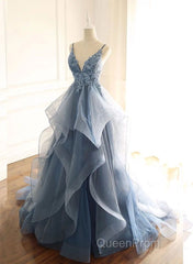 Tulle Long Evening Prom Dresses With Spaghetti Straps And Ruffled Floor Length Skirt