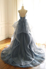 Tulle Long Evening Prom Dresses With Spaghetti Straps And Ruffled Floor Length Skirt