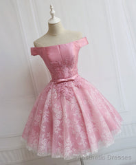 Tulle Of Shoulder Lace Short Pink Prom Dress Lace Homecoming Dress