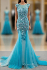 Tulle Scoop Mermaid Evening Dresses With Beaded Lace Appliques