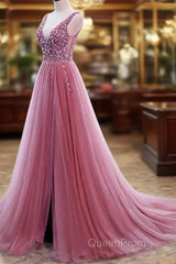 Tulle V Neck Sequins Beaded Dresses With Slit