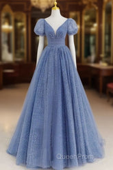 Tulle V Neck Short Sleeve Blue Sparkle Evening Prom Dresses With Bow