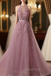 Tulle Wisteria Evening Prom Dresses A-Line/Princess Scoop Neck Court Train With Appliqued