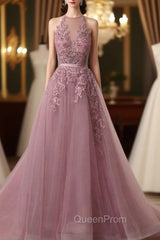 Tulle Wisteria Evening Prom Dresses A-Line/Princess Scoop Neck Court Train With Appliqued