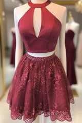 Two Piece Burgundy Beaded Sequins Homecoming Dresses With Cut Out