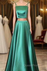 Two Piece Green Satin Evening Prom Dresses With Straps