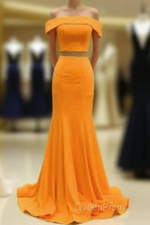 Two Piece Orange Evening Prom Dresses Mermaid Off Shoulder
