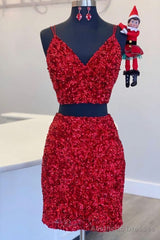 Two Piece Red Sequined Homecoming Dress, V-neck Tight Party Dress,Short Prom Dresses