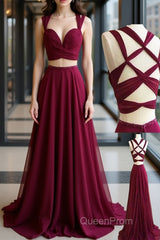 Two Pieces Burgundy Chiffon Long Evening Prom Dresses, 2 Pieces Wine Red Long Formal Evening Dresses