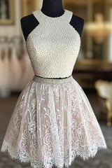 Two Pieces Halter Lace Skirt Pearls Bodice Cute Homecoming Dresses