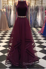 Two Pieces Maroon Long Evening Prom Dresses, Dark Burgundy 2 Pieces Formal Evening Dresses