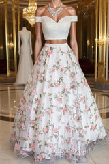 Two Pieces Off The Shoulder Lace Floral White Evening Prom Dresses, Off Shoulder White Formal Dresses, Two Pieces White Evening Dresses