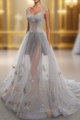 Gray Long Evening Prom Dresses with Butterfly, New Arrival Unique Evening Dresses