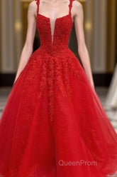 Red Tulle Lace A Line Formal Evening Dresses Appliques Long Evening Prom Dresses