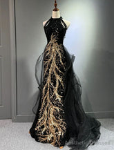 Black Gold Embroidered A-Line Prom Dresses Glittering Dress Formal Floor Length Sleeveless High Neck Sequined with Glitter Tassel