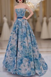 Unique A-Line Flower Satin Blue Long Evening Prom Dresses, Blue Long Formal Dresses