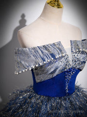 Unique A-Line Shiny Sequin Blue Long Prom Gown, Blue Long Evening Dress