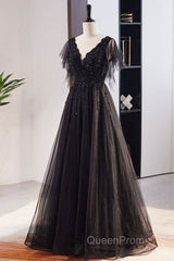 Unique And Beautiful Black Beaded Short Sleeved Sequin Ball Dresses With Black A-Shaped Princess V-Neck Backless Chiffon And Floor Length Evening Dresses
