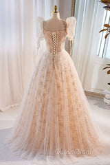 Unique And Beautiful Champagne Sequin Square Neck Fluffy Short Sleeved Ball Dresses Champagne A-Shaped Princess Backless Strap And Floor Length Evening Dresses